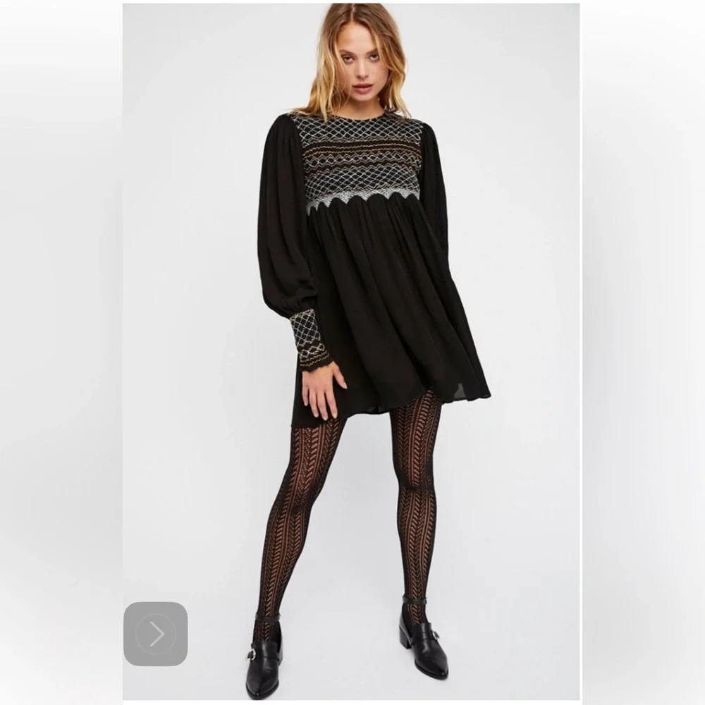 Free people late night picnic smocked long sleeve embroidered dress - Picture 1 of 13